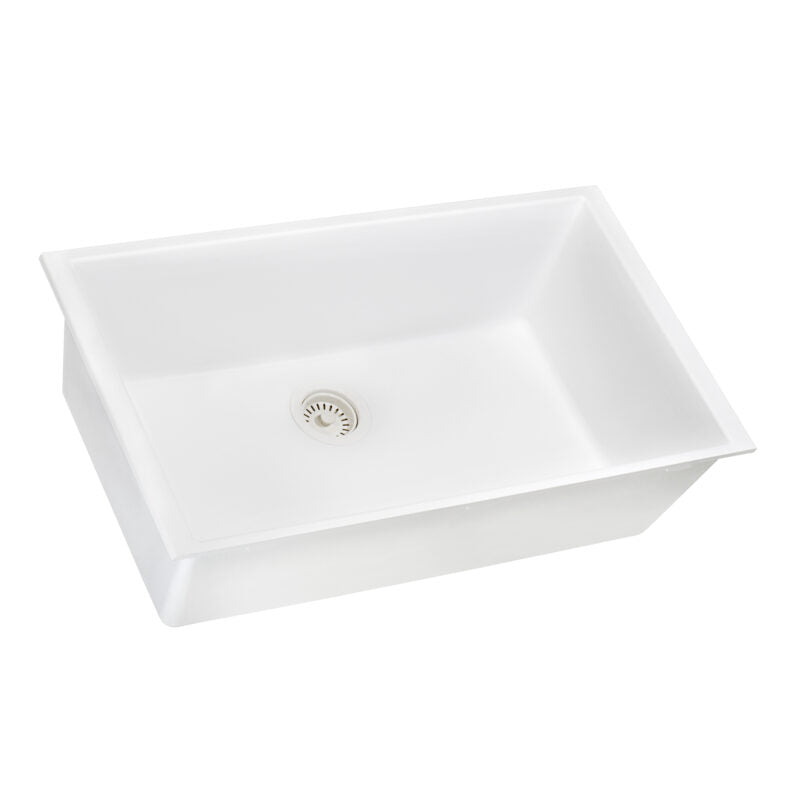 Ruvati epiGranite 30” x 18” Arctic White Undermount Granite Single Bowl Kitchen Sink With Basket Strainer, Bottom Rinse Grid and Drain Assembly