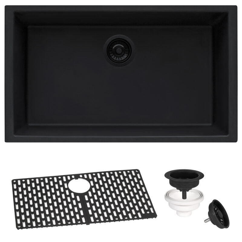 Ruvati epiGranite 30” x 18” Midnight Black Undermount Granite Single Bowl Kitchen Sink With Basket Strainer, Bottom Rinse Grid and Drain Assembly