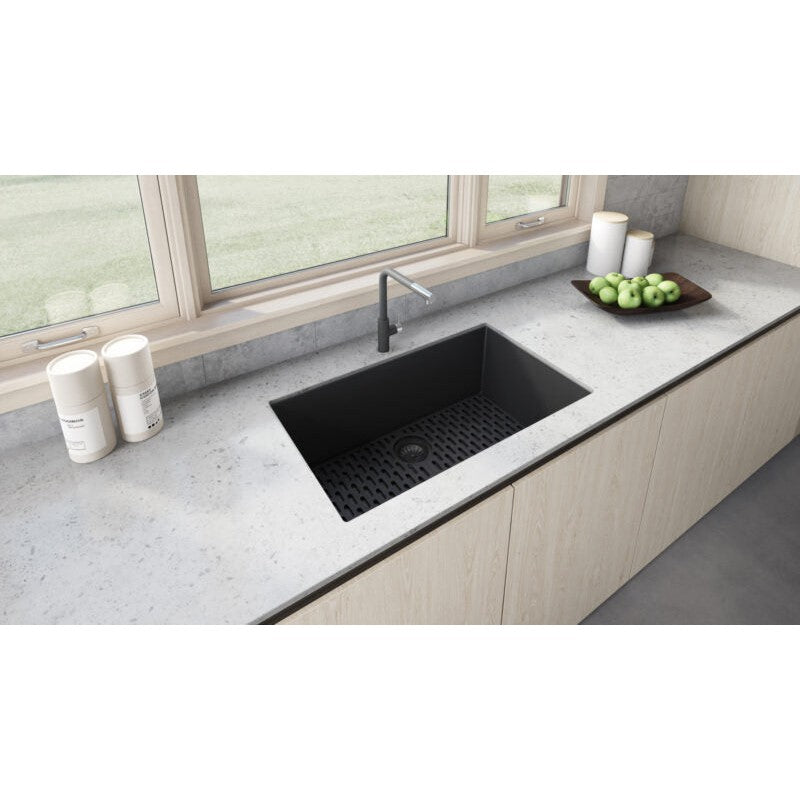 Ruvati epiGranite 30” x 18” Midnight Black Undermount Granite Single Bowl Kitchen Sink With Basket Strainer, Bottom Rinse Grid and Drain Assembly