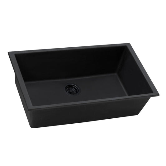 Ruvati epiGranite 30” x 18” Midnight Black Undermount Granite Single Bowl Kitchen Sink With Basket Strainer, Bottom Rinse Grid and Drain Assembly