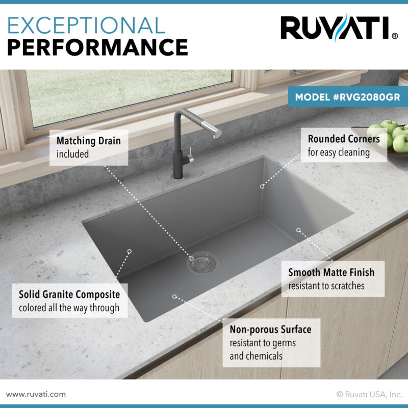 Ruvati epiGranite 30” x 18” Silver Gray Undermount Granite Single Bowl Kitchen Sink With Basket Strainer, Bottom Rinse Grid and Drain Assembly