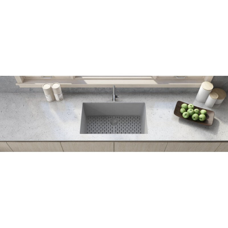 Ruvati epiGranite 30” x 18” Silver Gray Undermount Granite Single Bowl Kitchen Sink With Basket Strainer, Bottom Rinse Grid and Drain Assembly