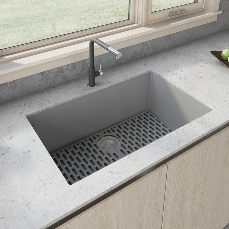 Ruvati epiGranite 30” x 18” Silver Gray Undermount Granite Single Bowl Kitchen Sink With Basket Strainer, Bottom Rinse Grid and Drain Assembly