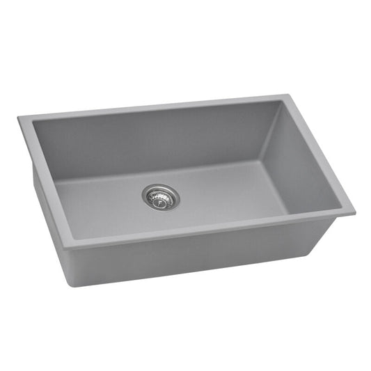 Ruvati epiGranite 30” x 18” Silver Gray Undermount Granite Single Bowl Kitchen Sink With Basket Strainer, Bottom Rinse Grid and Drain Assembly