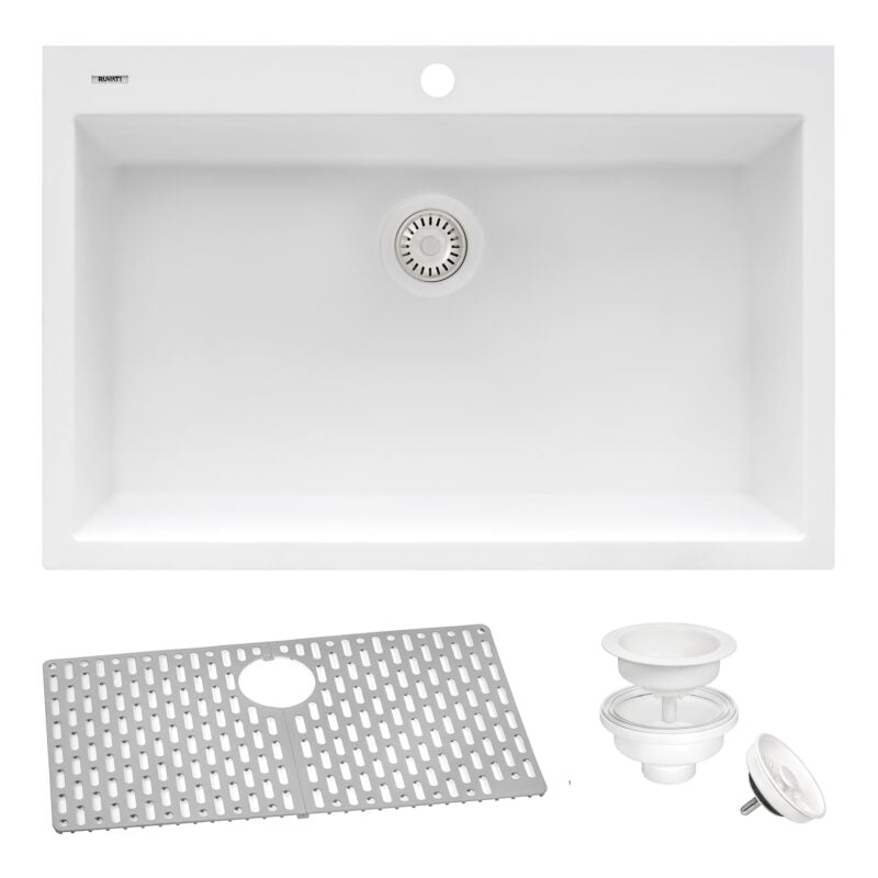 Ruvati epiGranite 30” x 20” Arctic White Drop-in Granite Composite Single Bowl Kitchen Sink With Basket Strainer, Bottom Rinse Grid and Drain Assembly