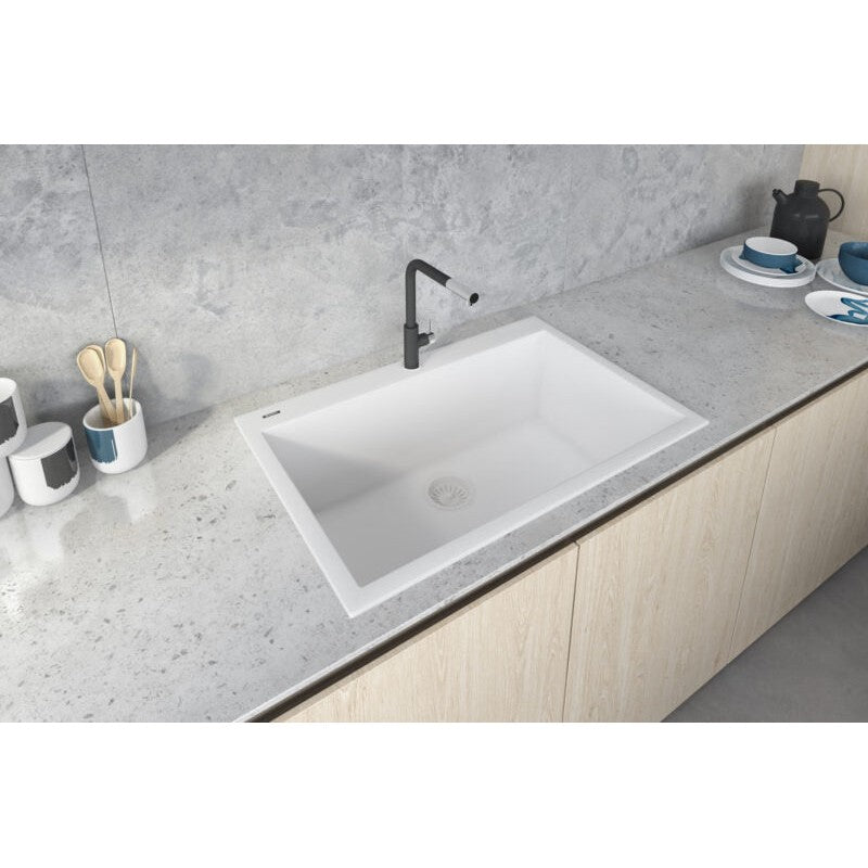 Ruvati epiGranite 30” x 20” Arctic White Drop-in Granite Composite Single Bowl Kitchen Sink With Basket Strainer, Bottom Rinse Grid and Drain Assembly