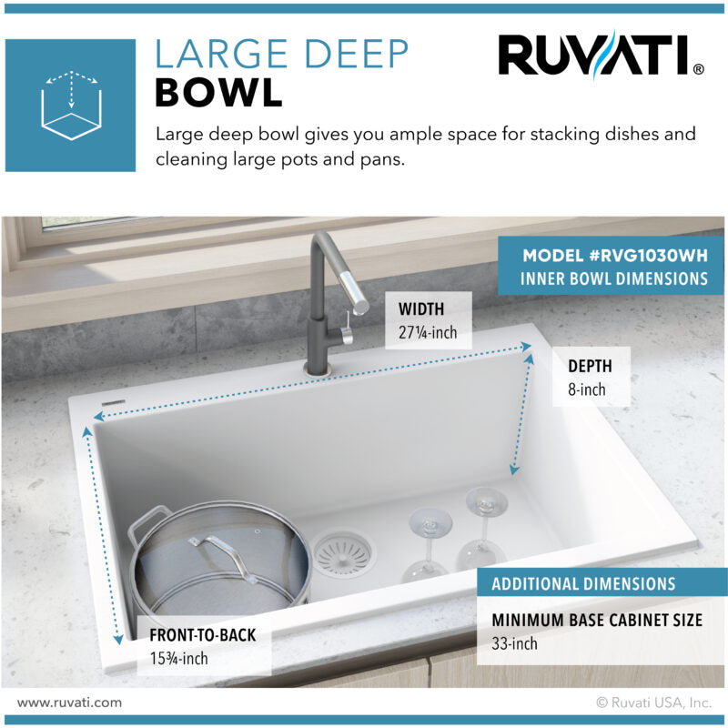 Ruvati epiGranite 30” x 20” Arctic White Drop-in Granite Composite Single Bowl Kitchen Sink With Basket Strainer, Bottom Rinse Grid and Drain Assembly