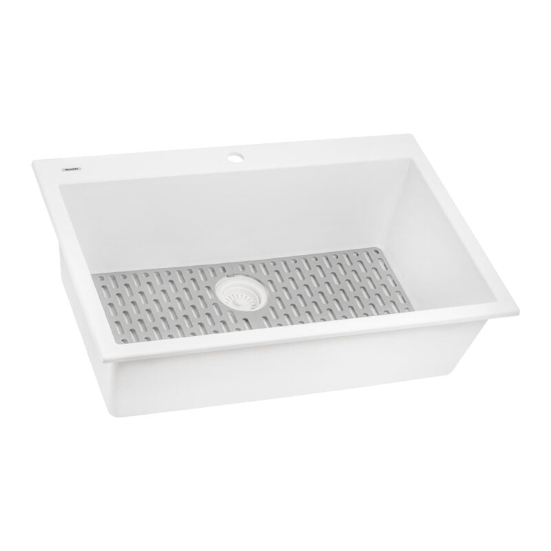 Ruvati epiGranite 30” x 20” Arctic White Drop-in Granite Composite Single Bowl Kitchen Sink With Basket Strainer, Bottom Rinse Grid and Drain Assembly