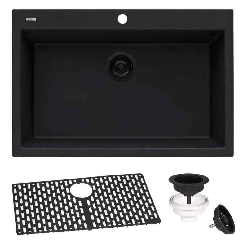 Ruvati epiGranite 30” x 20” Midnight Black Drop-in Granite Composite Single Bowl Kitchen Sink With Basket Strainer, Bottom Rinse Grid and Drain Assembly