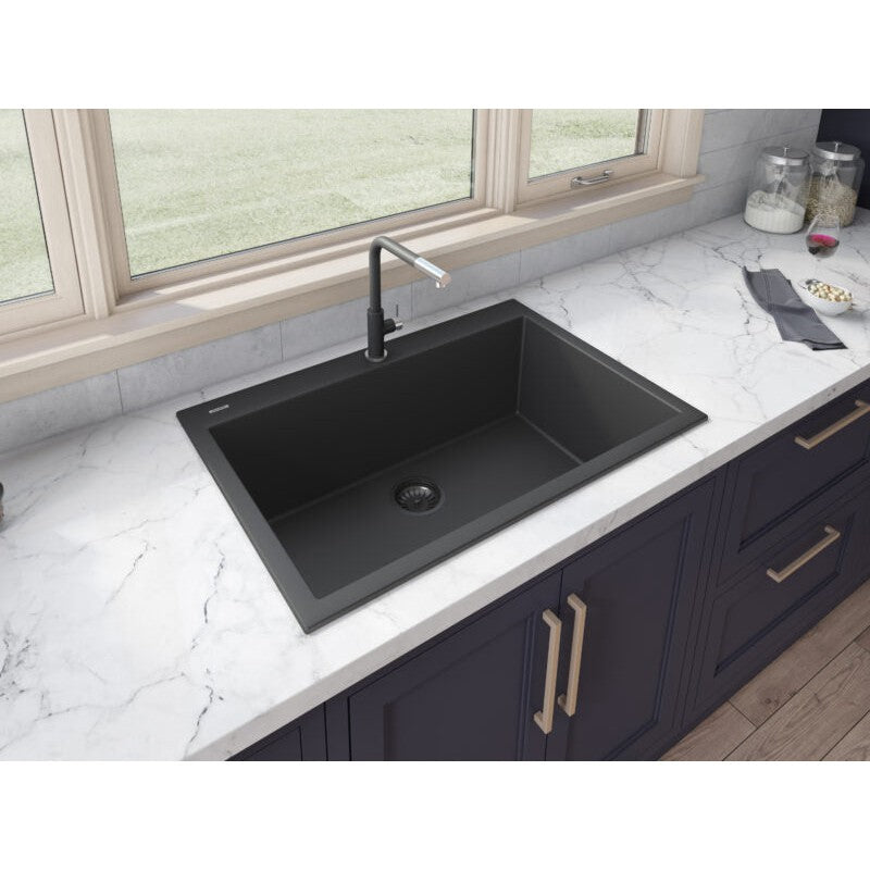 Ruvati epiGranite 30” x 20” Midnight Black Drop-in Granite Composite Single Bowl Kitchen Sink With Basket Strainer, Bottom Rinse Grid and Drain Assembly