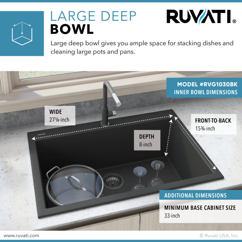 Ruvati epiGranite 30” x 20” Midnight Black Drop-in Granite Composite Single Bowl Kitchen Sink With Basket Strainer, Bottom Rinse Grid and Drain Assembly