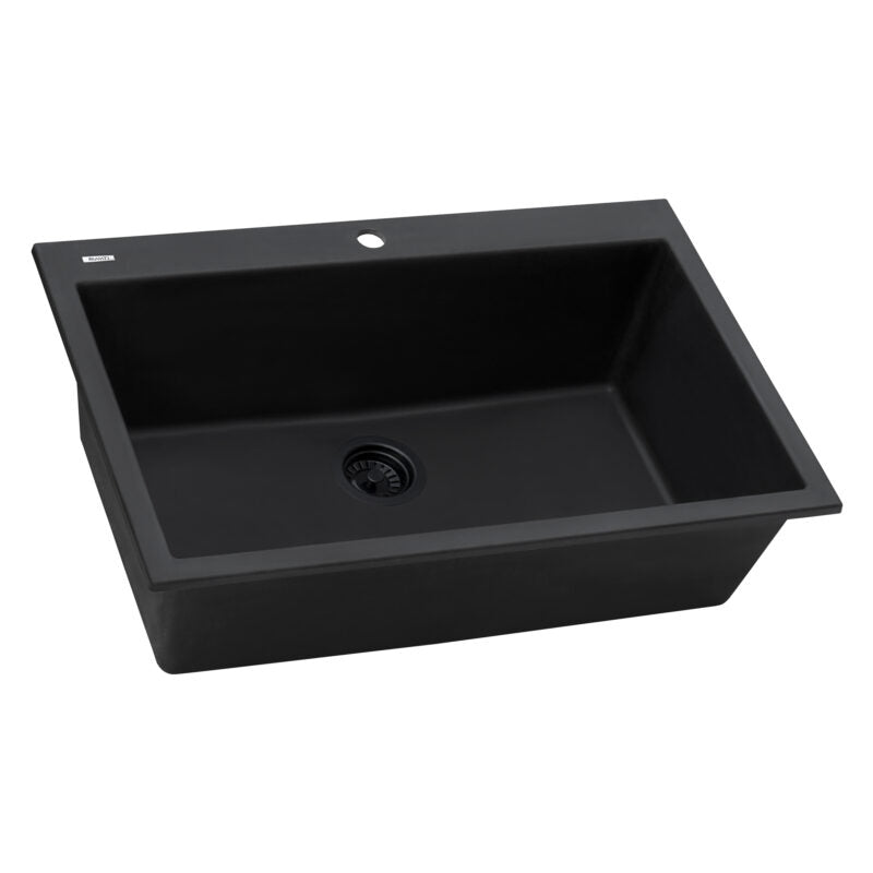 Ruvati epiGranite 30” x 20” Midnight Black Drop-in Granite Composite Single Bowl Kitchen Sink With Basket Strainer, Bottom Rinse Grid and Drain Assembly