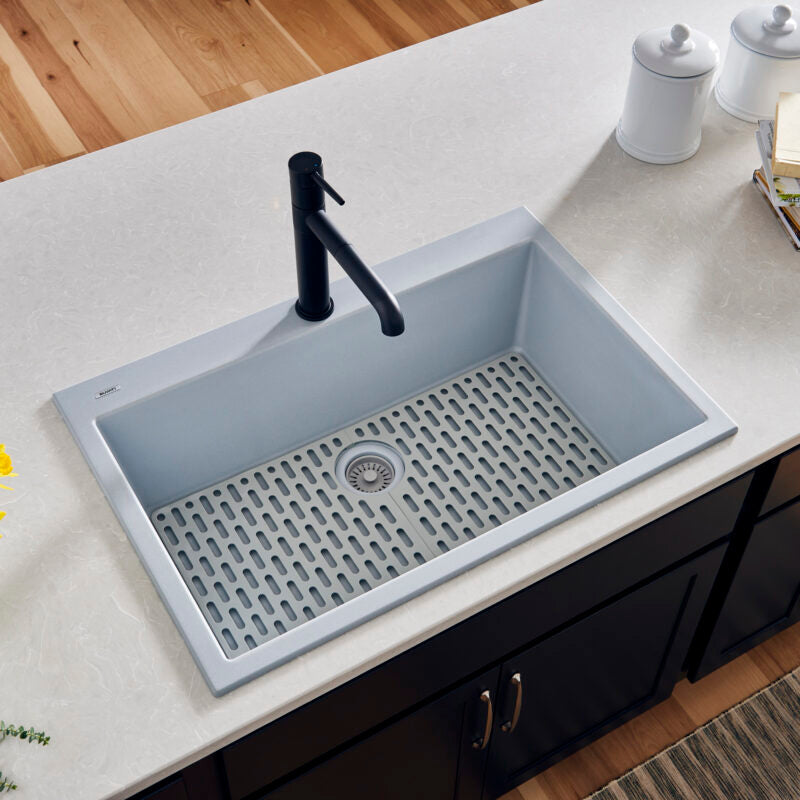 Ruvati epiGranite 30” x 20” Silver Gray Drop-in Granite Composite Single Bowl Kitchen Sink With Basket Strainer, Bottom Rinse Grid and Drain Assembly