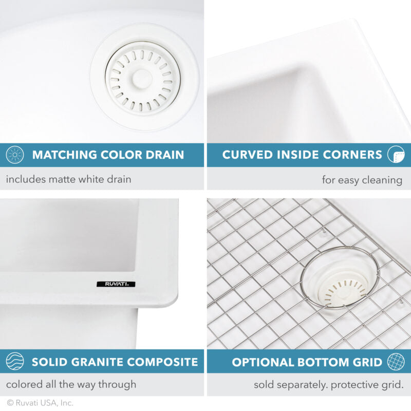 Ruvati epiGranite 32” x 19” Arctic White Undermount Granite Single Bowl Kitchen Sink With Basket Strainer, Bottom Rinse Grid and Drain Assembly