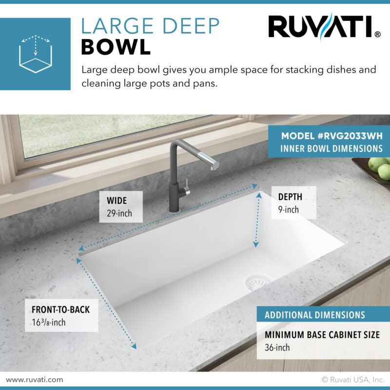 Ruvati epiGranite 32” x 19” Arctic White Undermount Granite Single Bowl Kitchen Sink With Basket Strainer, Bottom Rinse Grid and Drain Assembly