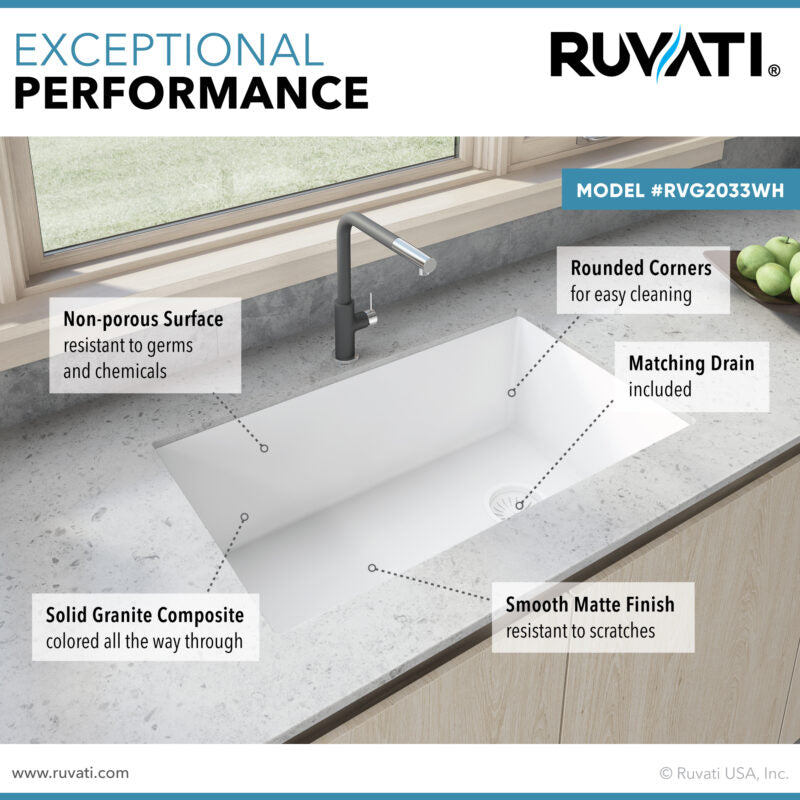 Ruvati epiGranite 32” x 19” Arctic White Undermount Granite Single Bowl Kitchen Sink With Basket Strainer, Bottom Rinse Grid and Drain Assembly