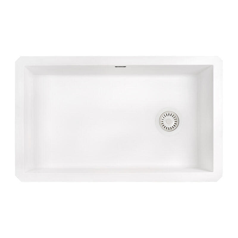 Ruvati epiGranite 32” x 19” Arctic White Undermount Granite Single Bowl Kitchen Sink With Basket Strainer, Bottom Rinse Grid and Drain Assembly