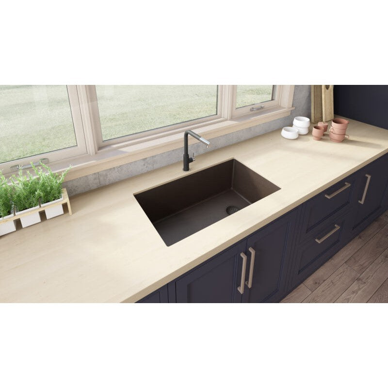 Ruvati epiGranite 32” x 19” Espresso Brown Undermount Granite Single Bowl Kitchen Sink With Basket Strainer, Bottom Rinse Grid and Drain Assembly