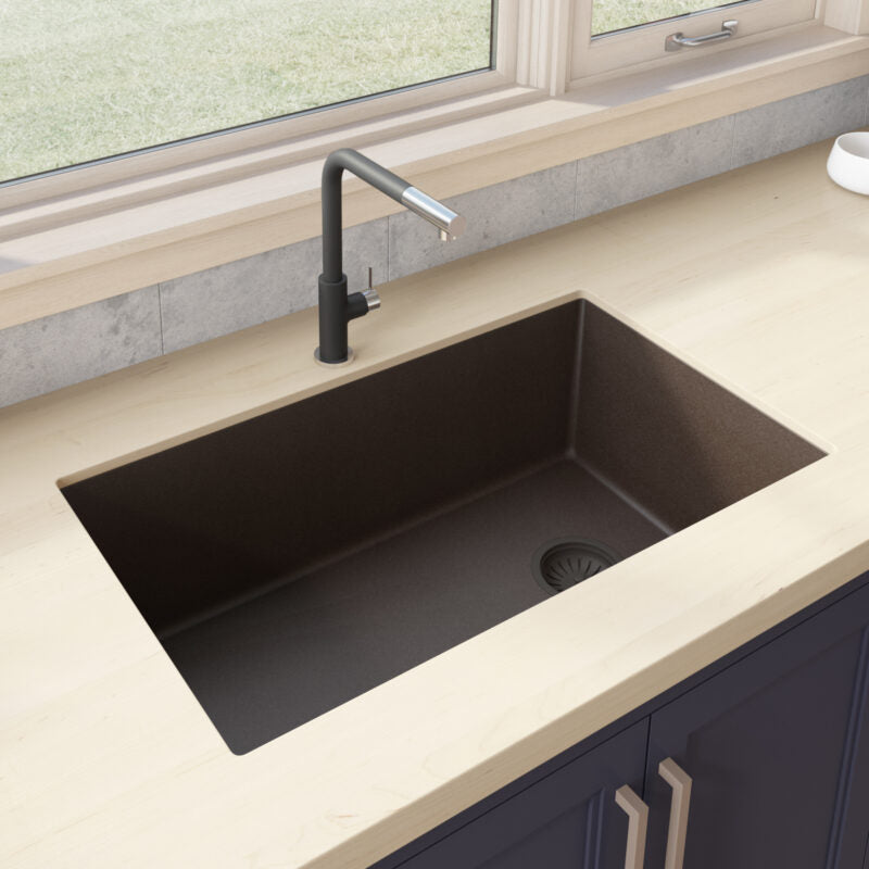 Ruvati epiGranite 32” x 19” Espresso Brown Undermount Granite Single Bowl Kitchen Sink With Basket Strainer, Bottom Rinse Grid and Drain Assembly