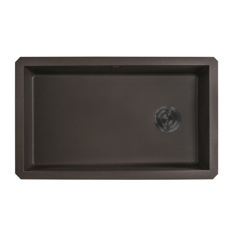 Ruvati epiGranite 32” x 19” Espresso Brown Undermount Granite Single Bowl Kitchen Sink With Basket Strainer, Bottom Rinse Grid and Drain Assembly