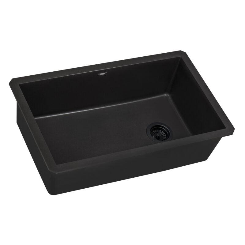 Ruvati epiGranite 32” x 19” Midnight Black Undermount Granite Single Bowl Kitchen Sink With Basket Strainer, Bottom Rinse Grid and Drain Assembly