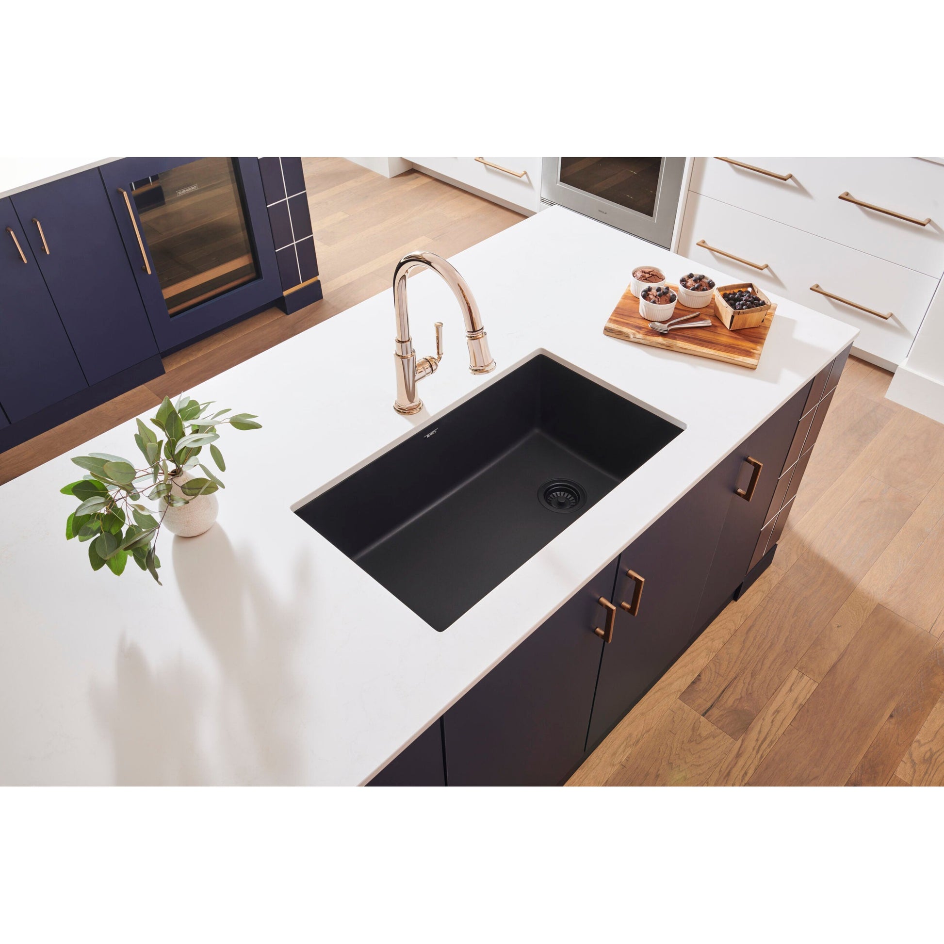 Ruvati epiGranite 32” x 19” Midnight Black Undermount Granite Single Bowl Kitchen Sink With Basket Strainer, Bottom Rinse Grid and Drain Assembly