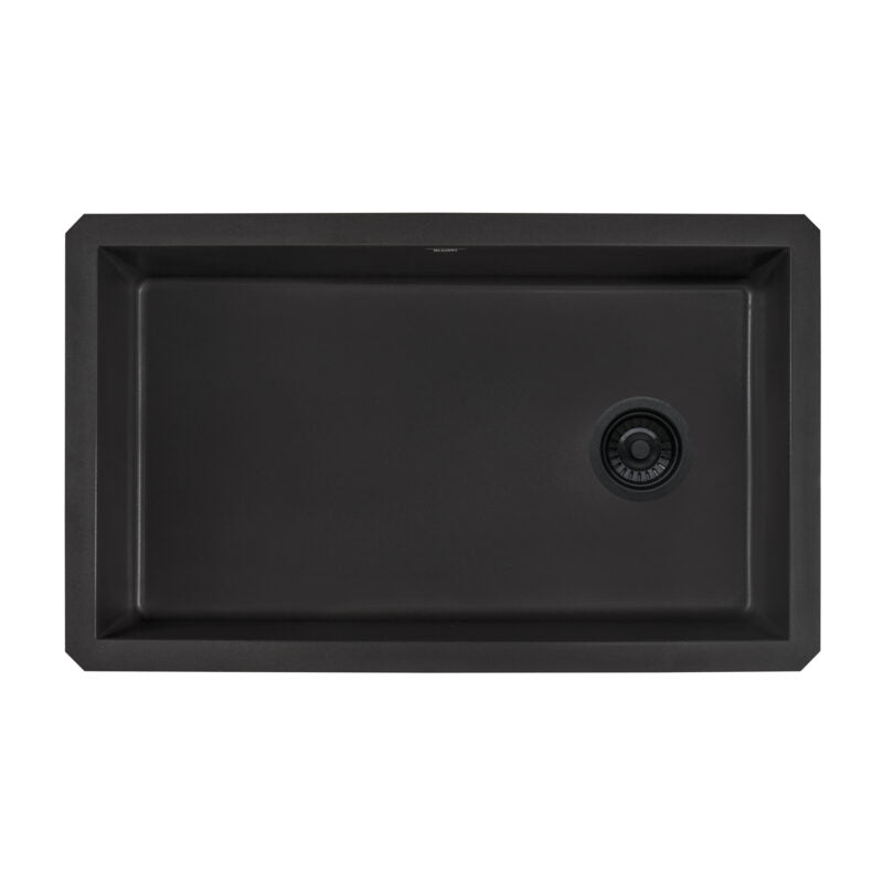 Ruvati epiGranite 32” x 19” Midnight Black Undermount Granite Single Bowl Kitchen Sink With Basket Strainer, Bottom Rinse Grid and Drain Assembly