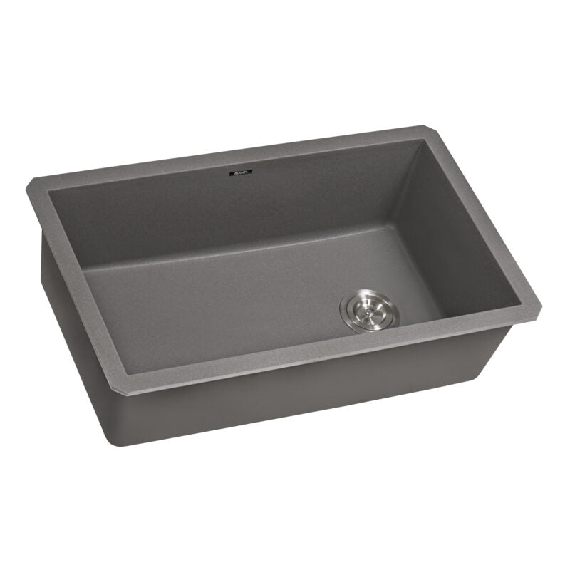 Ruvati epiGranite 32” x 19” Urban Gray Undermount Granite Single Bowl Kitchen Sink With Basket Strainer, Bottom Rinse Grid and Drain Assembly