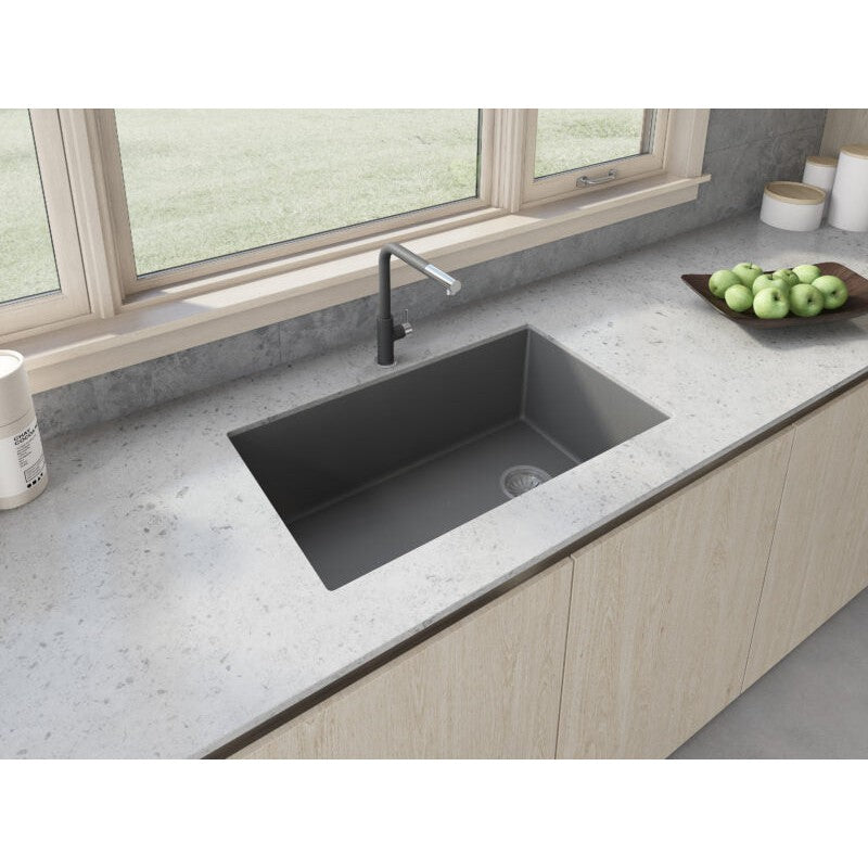 Ruvati epiGranite 32” x 19” Urban Gray Undermount Granite Single Bowl Kitchen Sink With Basket Strainer, Bottom Rinse Grid and Drain Assembly