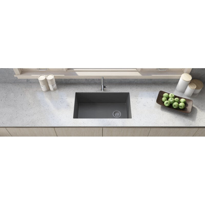 Ruvati epiGranite 32” x 19” Urban Gray Undermount Granite Single Bowl Kitchen Sink With Basket Strainer, Bottom Rinse Grid and Drain Assembly