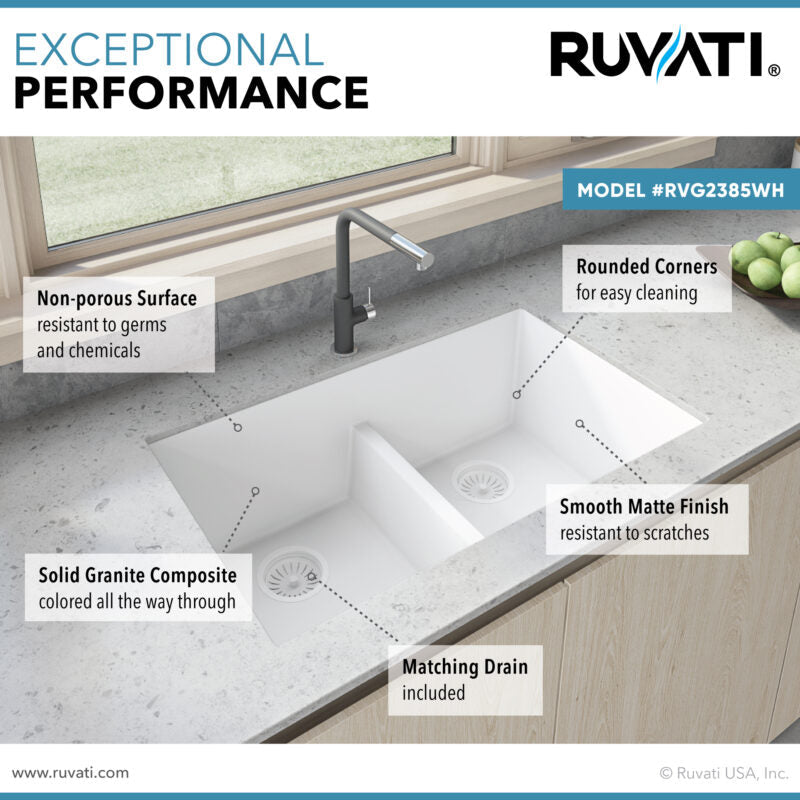 Ruvati epiGranite 33" x 19" Arctic White Undermount Granite 50/50 Double Bowl Low Divide Kitchen Sink With Basket Strainer, Bottom Rinse Grid and Drain Assembly