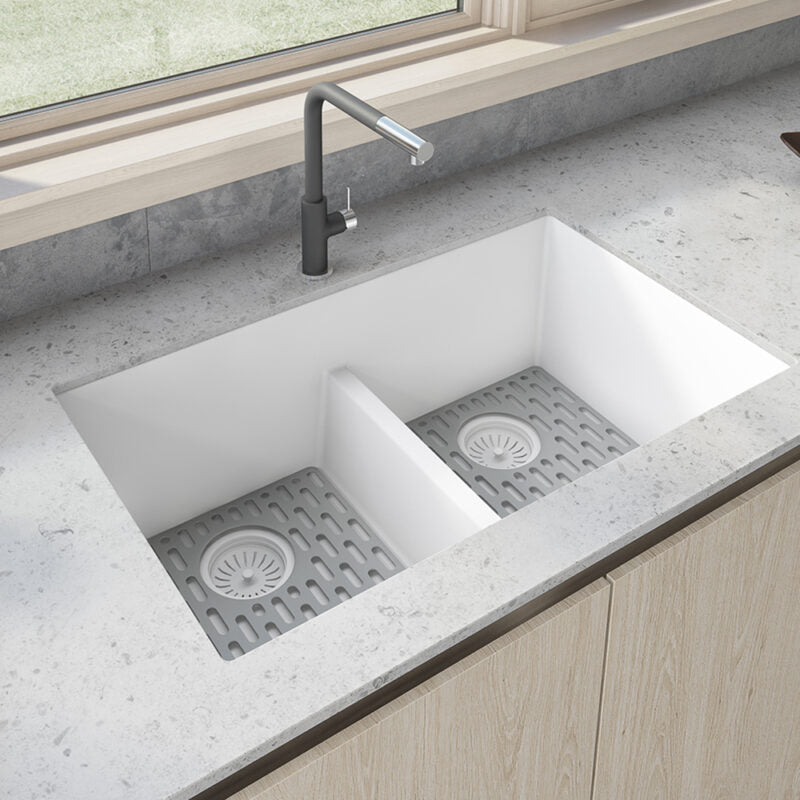 Ruvati epiGranite 33" x 19" Arctic White Undermount Granite 50/50 Double Bowl Low Divide Kitchen Sink With Basket Strainer, Bottom Rinse Grid and Drain Assembly