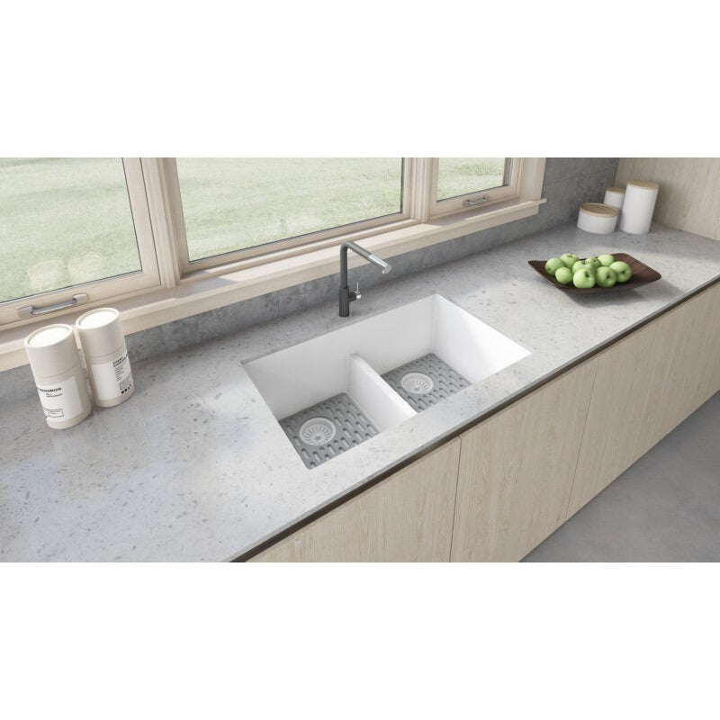 Ruvati epiGranite 33" x 19" Arctic White Undermount Granite 50/50 Double Bowl Low Divide Kitchen Sink With Basket Strainer, Bottom Rinse Grid and Drain Assembly