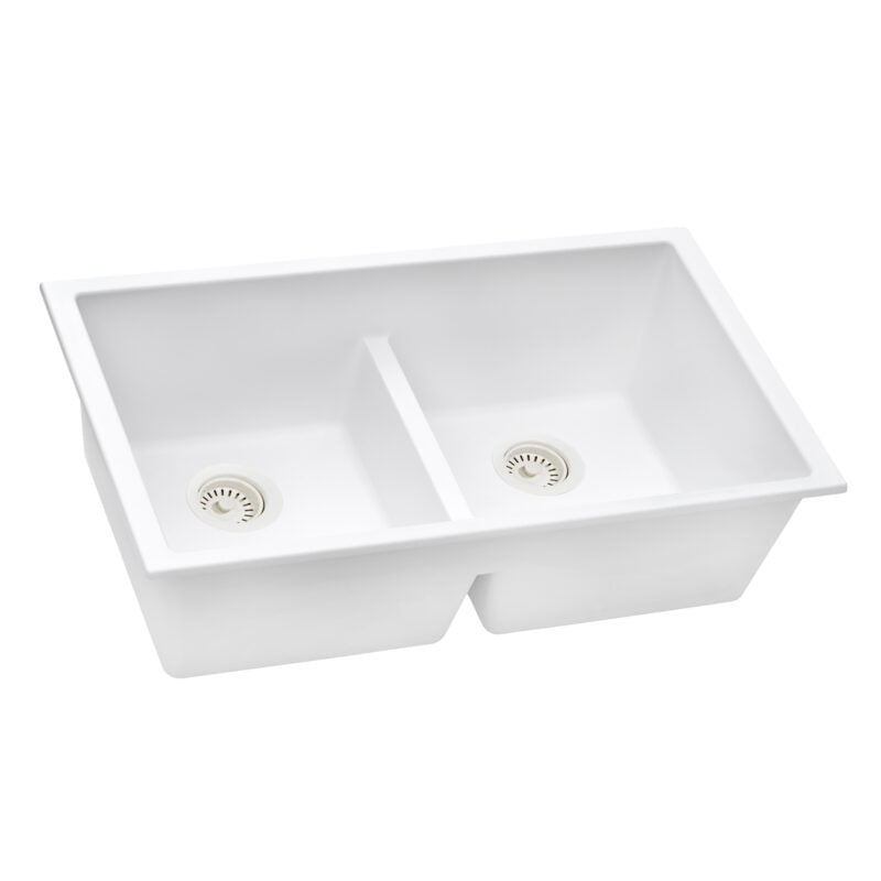 Ruvati epiGranite 33" x 19" Arctic White Undermount Granite 50/50 Double Bowl Low Divide Kitchen Sink With Basket Strainer, Bottom Rinse Grid and Drain Assembly