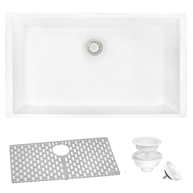 Ruvati epiGranite 33” x 19” Arctic White Undermount Granite Single Bowl Kitchen Sink With Basket Strainer, Bottom Rinse Grid and Drain Assembly