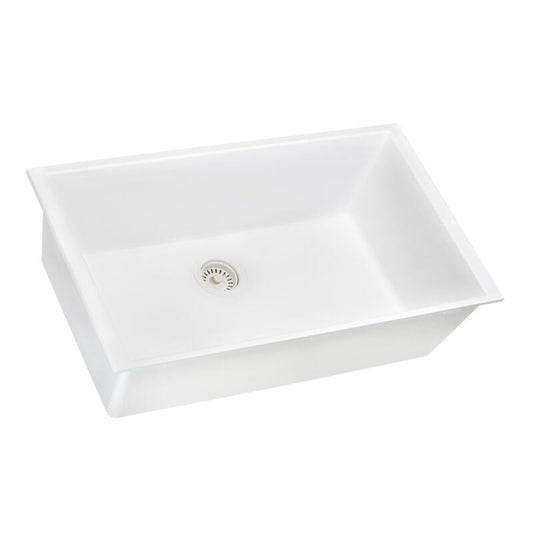 Ruvati epiGranite 33” x 19” Arctic White Undermount Granite Single Bowl Kitchen Sink With Basket Strainer, Bottom Rinse Grid and Drain Assembly