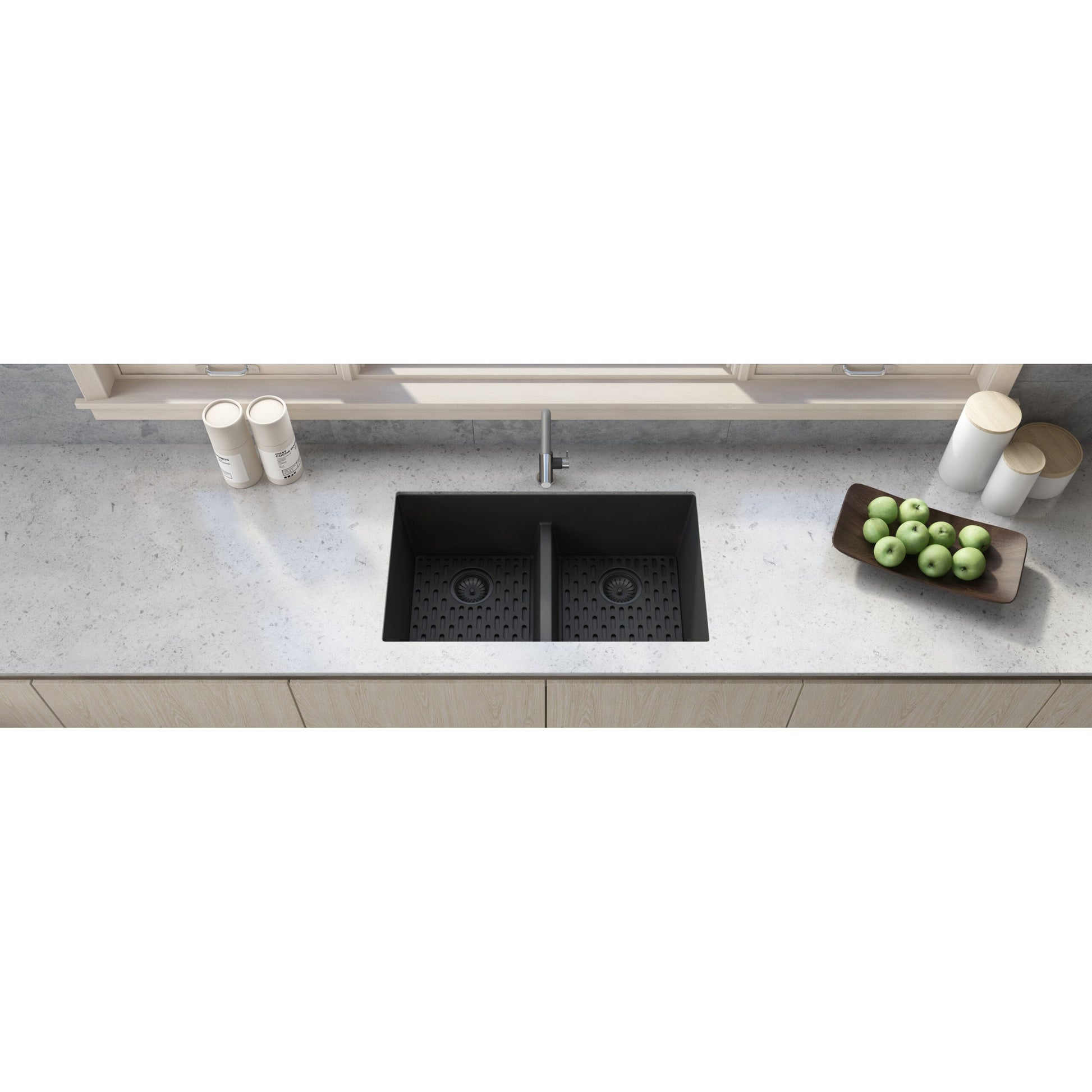 Ruvati epiGranite 33" x 19" Midnight Black Undermount Granite 50/50 Double Bowl Low Divide Kitchen Sink With Basket Strainer, Bottom Rinse Grid and Drain Assembly