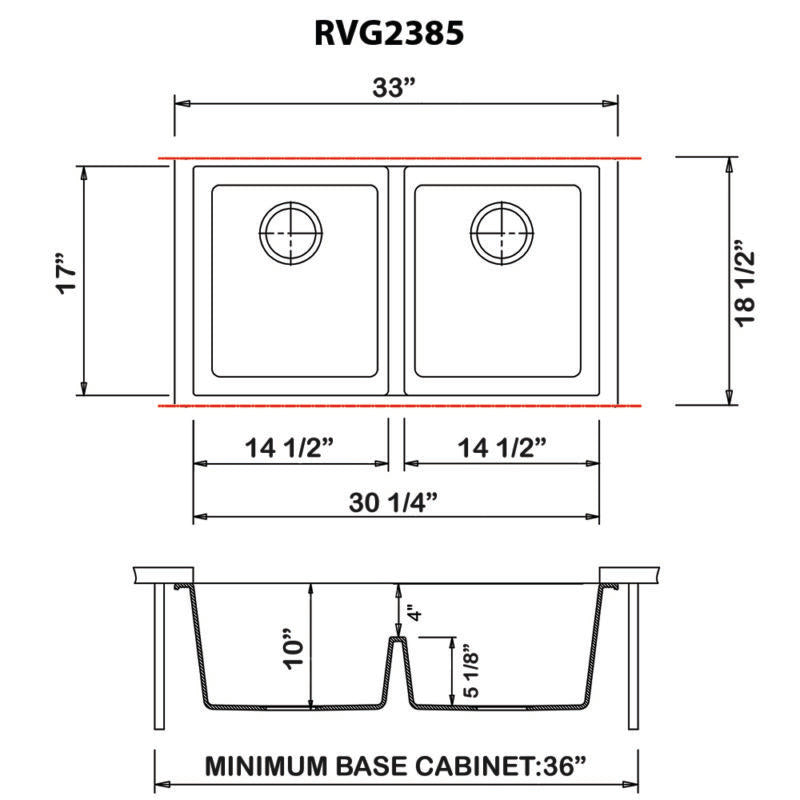 Ruvati epiGranite 33" x 19" Midnight Black Undermount Granite 50/50 Double Bowl Low Divide Kitchen Sink With Basket Strainer, Bottom Rinse Grid and Drain Assembly