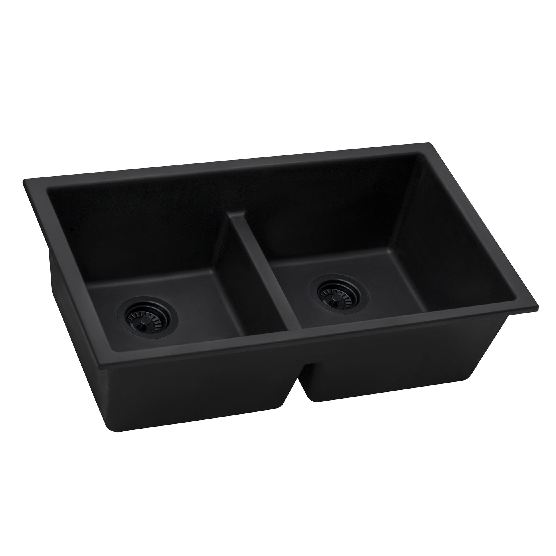 Ruvati epiGranite 33" x 19" Midnight Black Undermount Granite 50/50 Double Bowl Low Divide Kitchen Sink With Basket Strainer, Bottom Rinse Grid and Drain Assembly