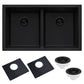 Ruvati epiGranite 33" x 19" Midnight Black Undermount Granite 50/50 Double Bowl Low Divide Kitchen Sink With Basket Strainer, Bottom Rinse Grid and Drain Assembly