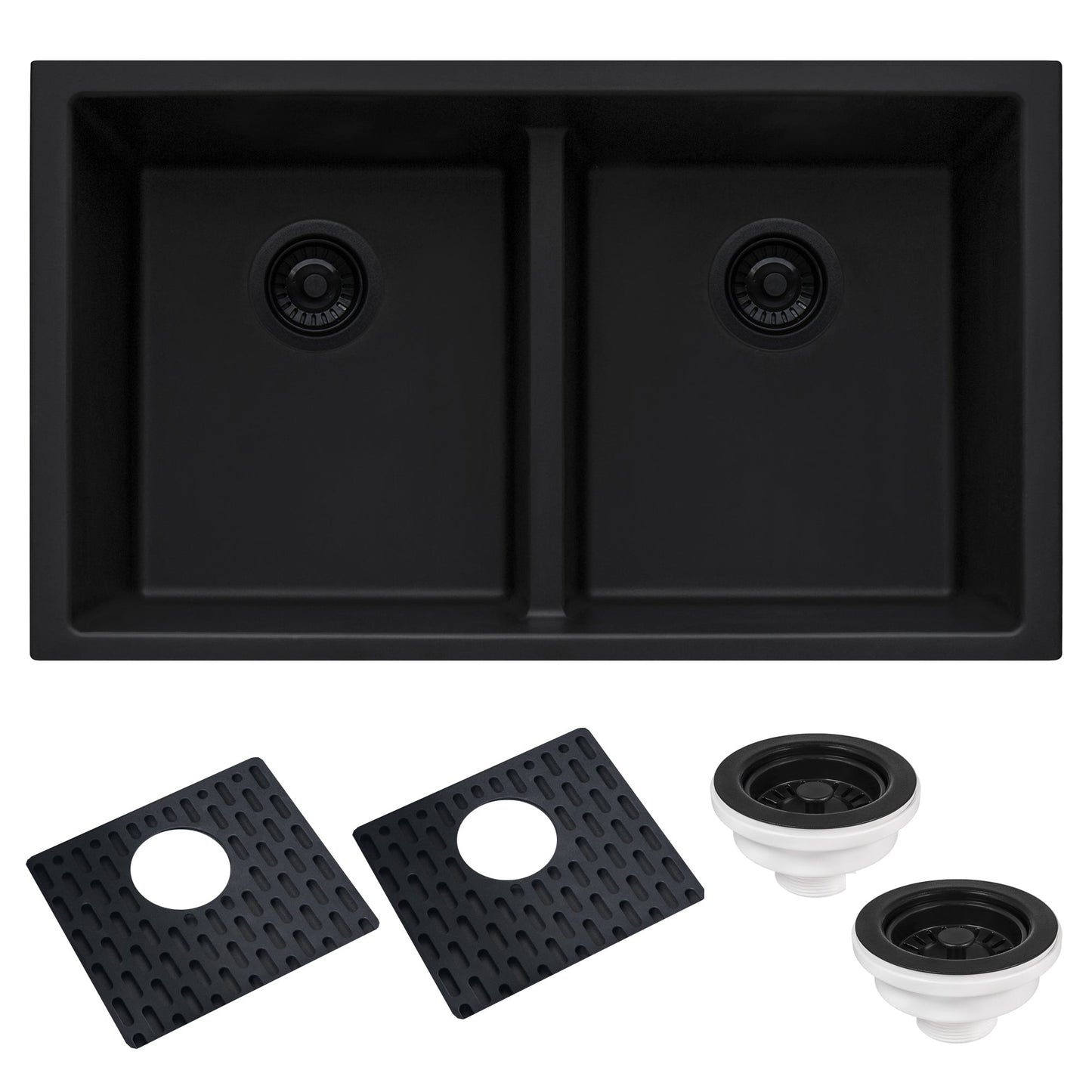 Ruvati epiGranite 33" x 19" Midnight Black Undermount Granite 50/50 Double Bowl Low Divide Kitchen Sink With Basket Strainer, Bottom Rinse Grid and Drain Assembly