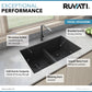 Ruvati epiGranite 33" x 19" Midnight Black Undermount Granite 50/50 Double Bowl Low Divide Kitchen Sink With Basket Strainer, Bottom Rinse Grid and Drain Assembly