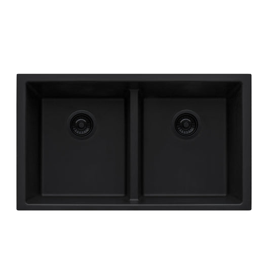 Ruvati epiGranite 33" x 19" Midnight Black Undermount Granite 50/50 Double Bowl Low Divide Kitchen Sink With Basket Strainer, Bottom Rinse Grid and Drain Assembly