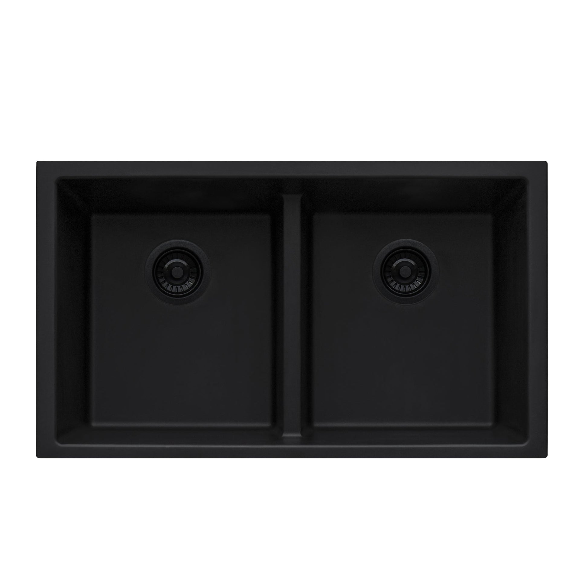 Ruvati epiGranite 33" x 19" Midnight Black Undermount Granite 50/50 Double Bowl Low Divide Kitchen Sink With Basket Strainer, Bottom Rinse Grid and Drain Assembly