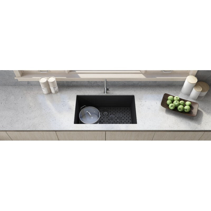 Ruvati epiGranite 33” x 19” Midnight Black Undermount Granite Single Bowl Kitchen Sink With Basket Strainer, Bottom Rinse Grid and Drain Assembly