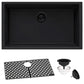 Ruvati epiGranite 33” x 19” Midnight Black Undermount Granite Single Bowl Kitchen Sink With Basket Strainer, Bottom Rinse Grid and Drain Assembly