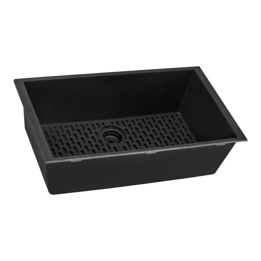 Ruvati epiGranite 33” x 19” Midnight Black Undermount Granite Single Bowl Kitchen Sink With Basket Strainer, Bottom Rinse Grid and Drain Assembly