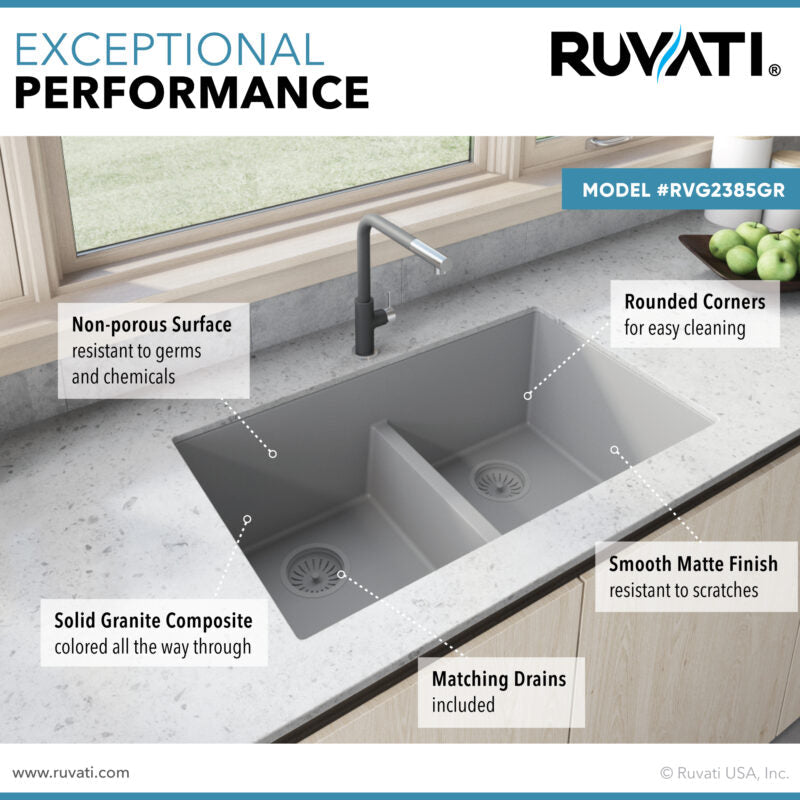 Ruvati epiGranite 33" x 19" Silver Gray Undermount Granite 50/50 Double Bowl Low Divide Kitchen Sink With Basket Strainer, Bottom Rinse Grid and Drain Assembly