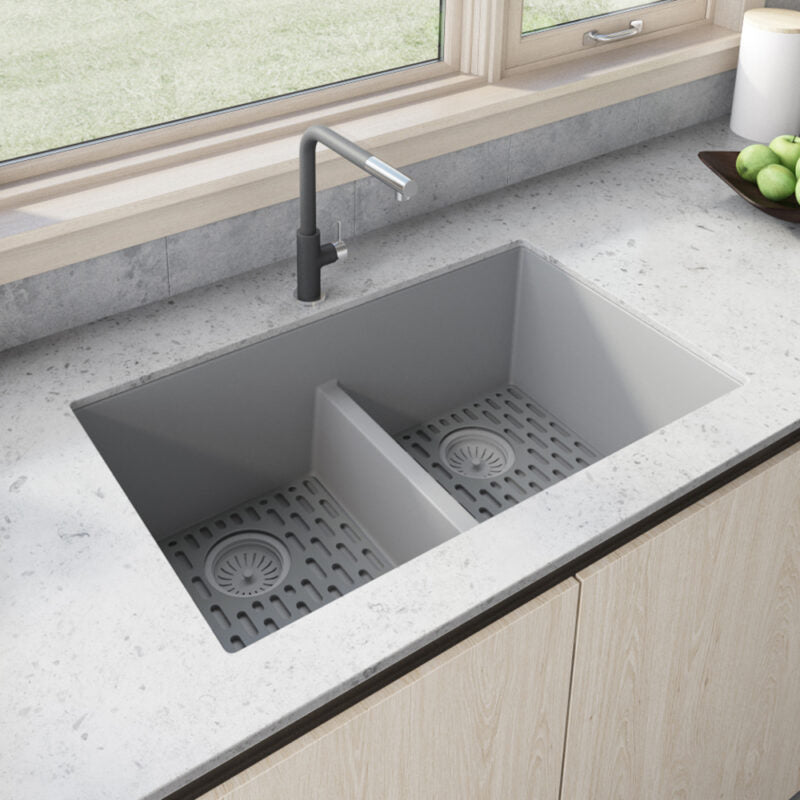 Ruvati epiGranite 33" x 19" Silver Gray Undermount Granite 50/50 Double Bowl Low Divide Kitchen Sink With Basket Strainer, Bottom Rinse Grid and Drain Assembly