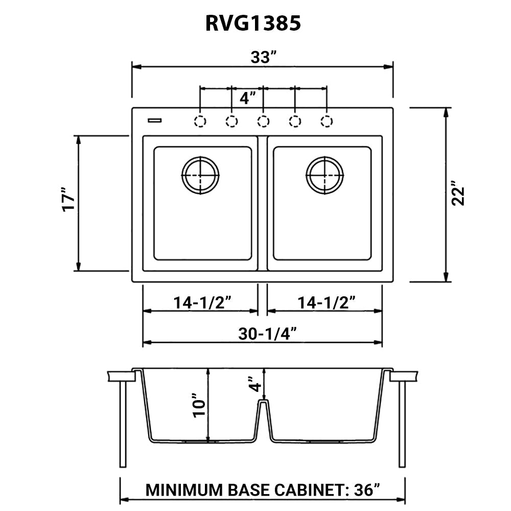 Ruvati epiGranite 33" x 22" Arctic White Drop-In Topmount Granite 50/50 Double Bowl Low Divide Kitchen Sink With Basket Strainer, Bottom Rinse Grid and Drain Assembly